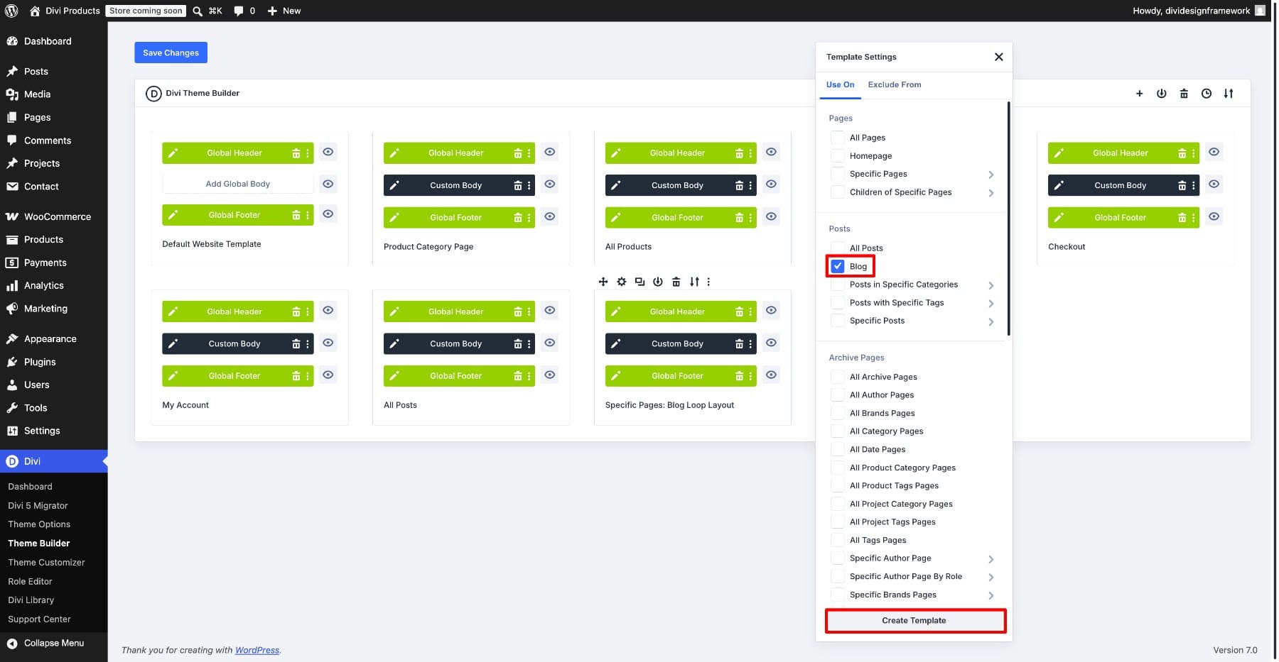 Choosing which pages a template is used on in the Divi Theme Builder