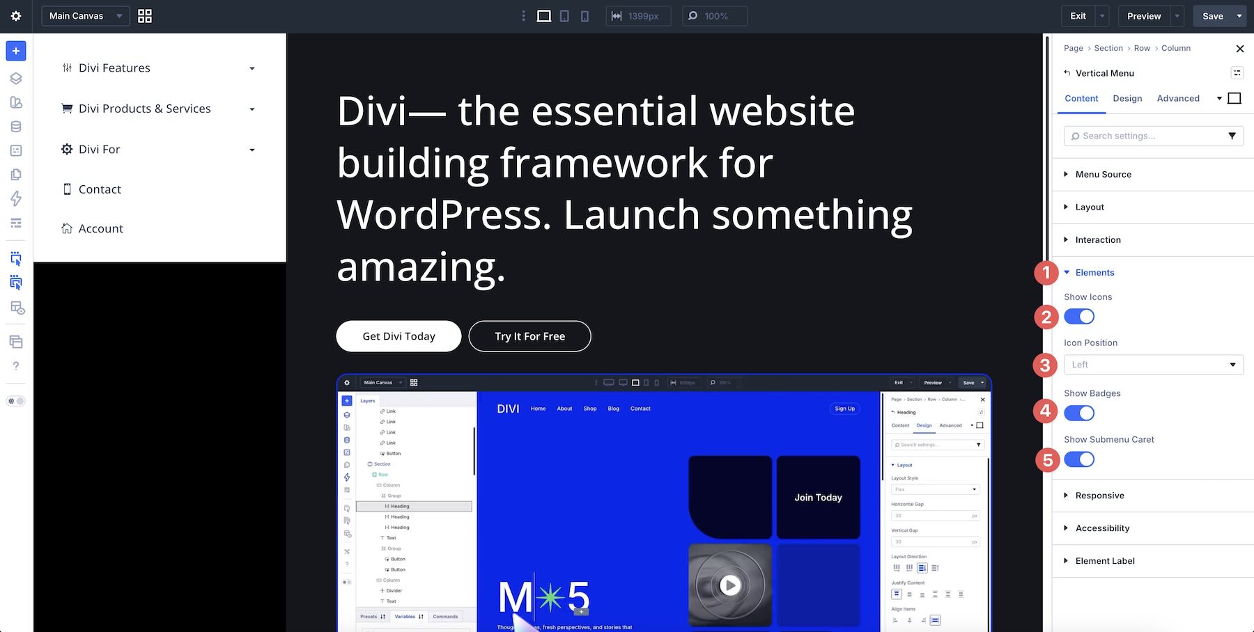 Enabling icons, badges, and submenu carets in the Vertical Menu module