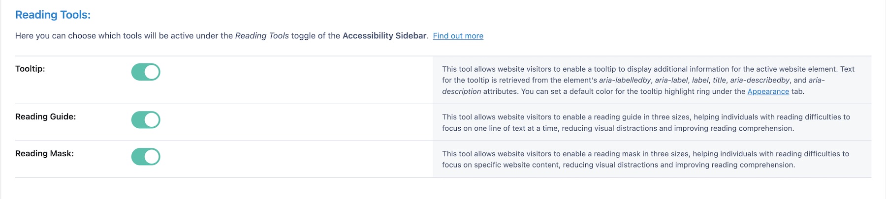 Reading tools settings in Accessibility Sidebar