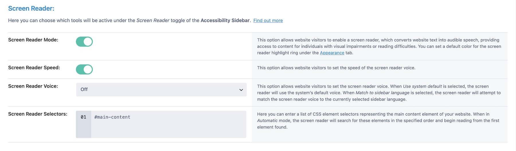 Screen reader settings in Accessibility Sidebar