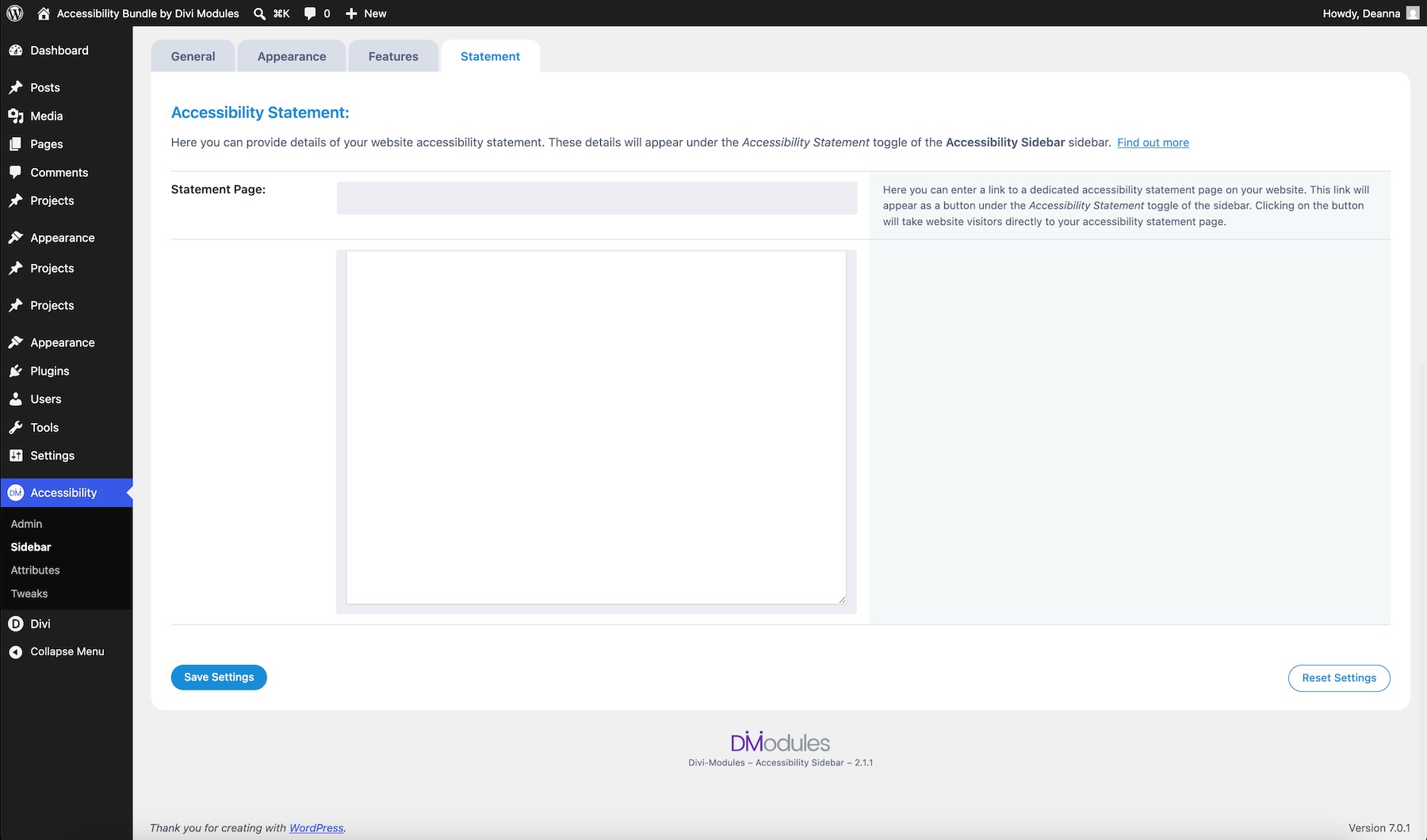 Accessibility statement tab in Accessibility Sidebar
