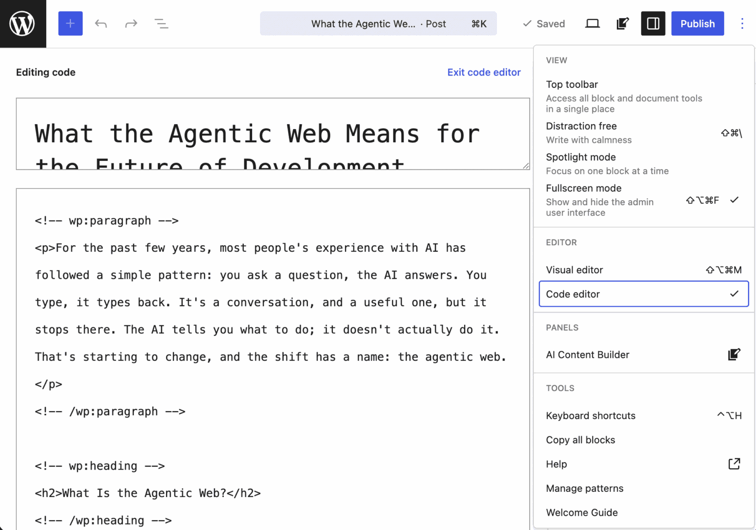 The post content is now structured in Gutenberg blocks.
