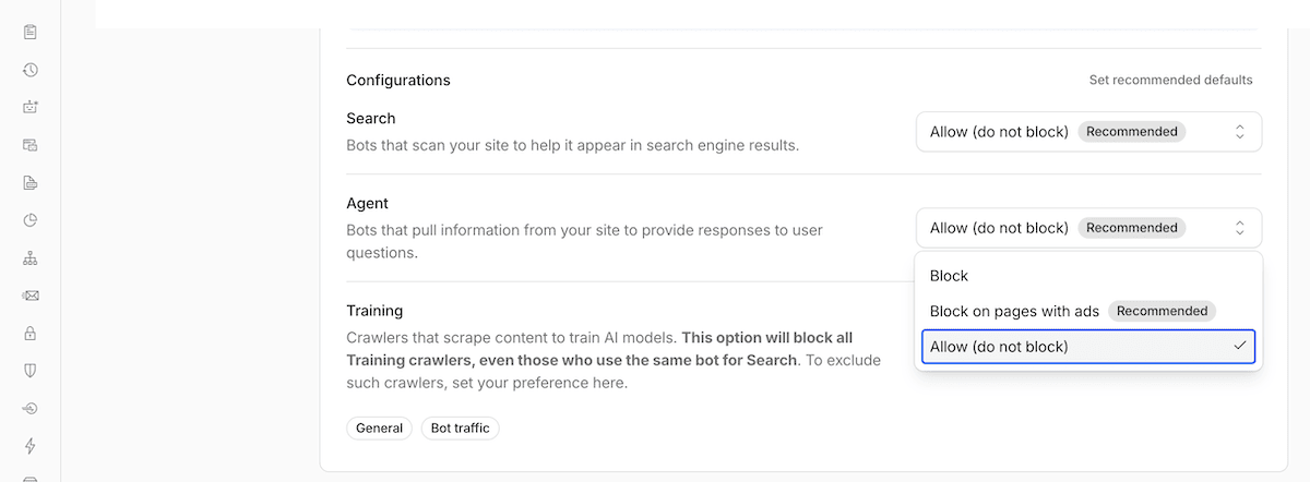 Cloudflare's traffic controls showing Search, Agent, and Training as three independently switchable AI categories.