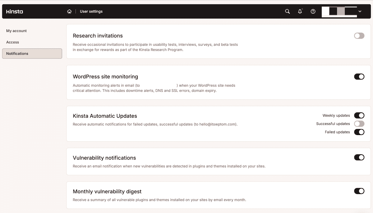 The site monitoring notification toggle switches within MyKinsta's User Settings screen.