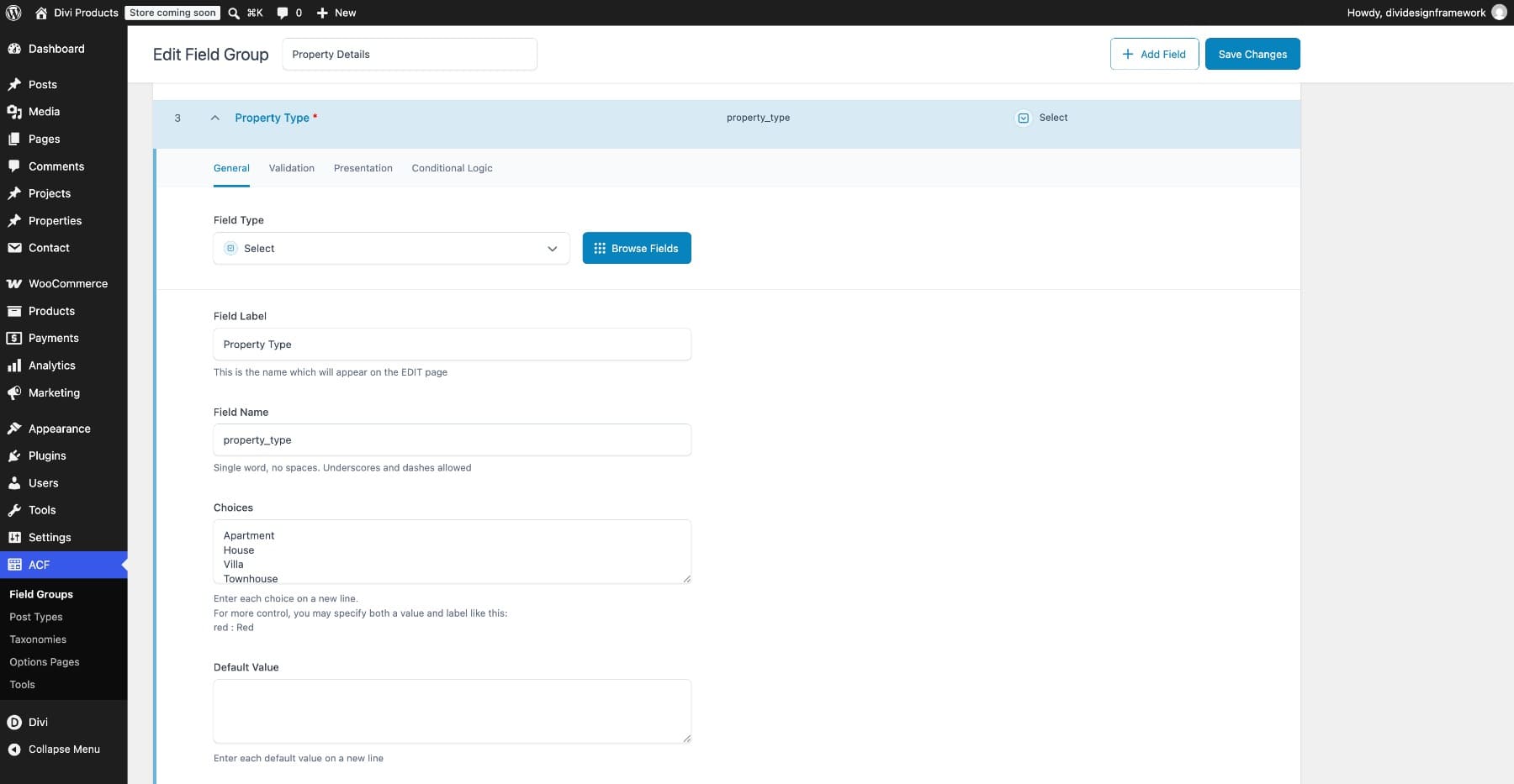 Configure the Property Type Select field in ACF