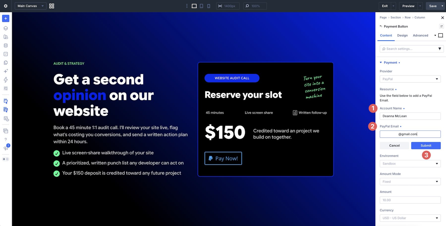 PayPal account name and email fields
