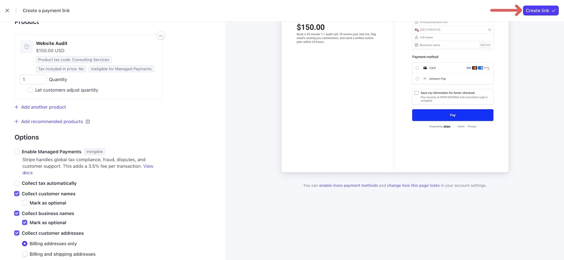 Create a configured Stripe Payment Link