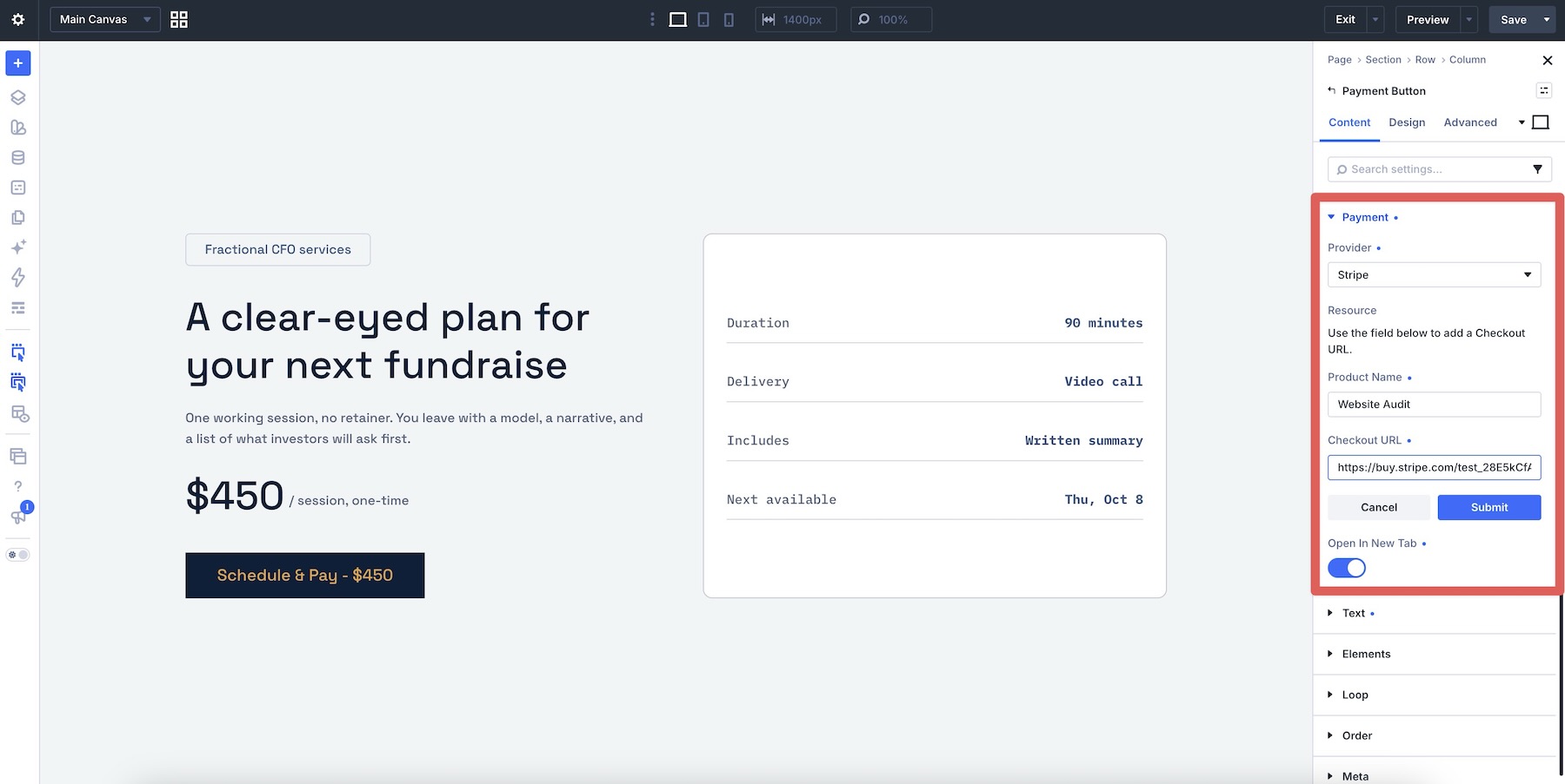 Stripe Checkout URL saved in Divi