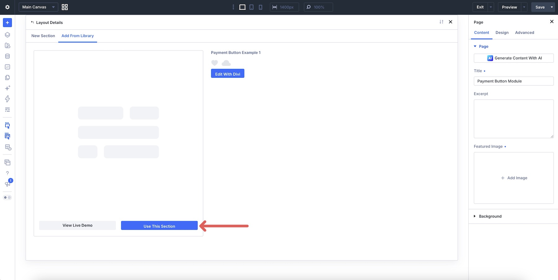 Insert a saved Payment Button Section into the page
