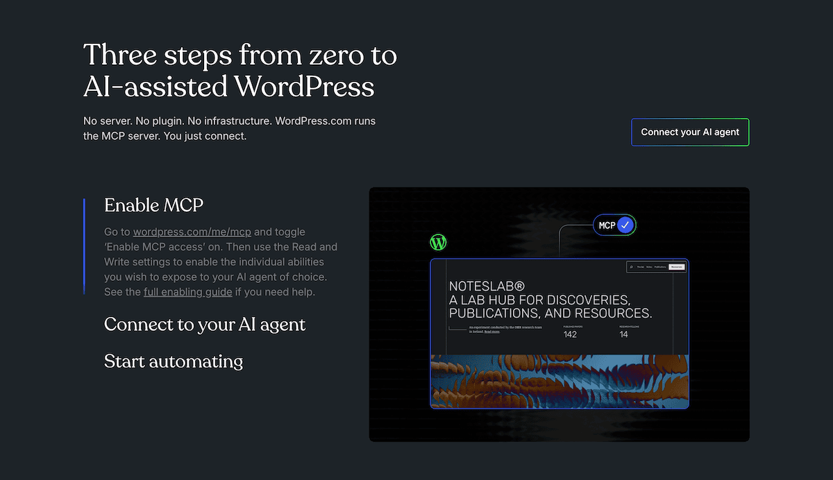 The WordPress.com MCP page showing the three steps necessary to connect an AI agent to an account.